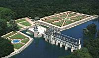 Chenonceau et la tour des marques, jardin de Catherine de Medicis (gauche), jardin de Diane de Poitiers (droite)